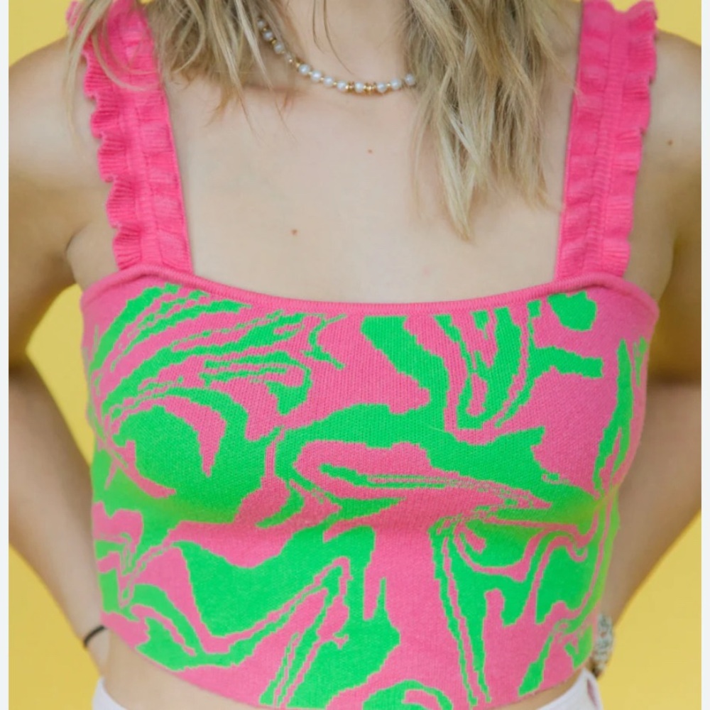Pink & Green Patterned Knit Tank Top